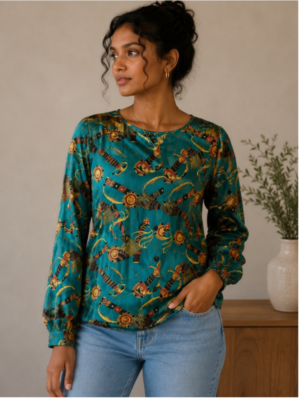 Women's Cricket Lane Blouse Green/Gold Print Size 16 Summer